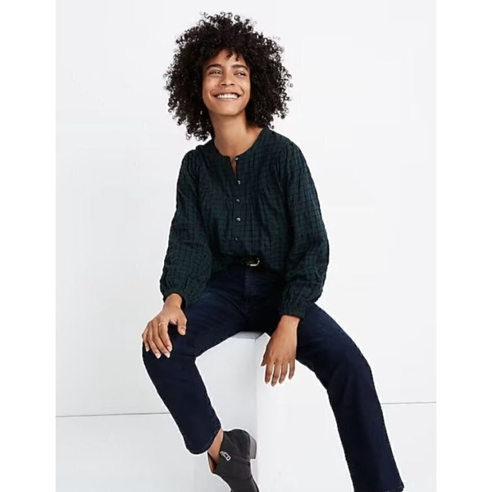 Madewell Green Plaid Balloon Sleeve Peasant Long Sleeve Top Warren Check XS